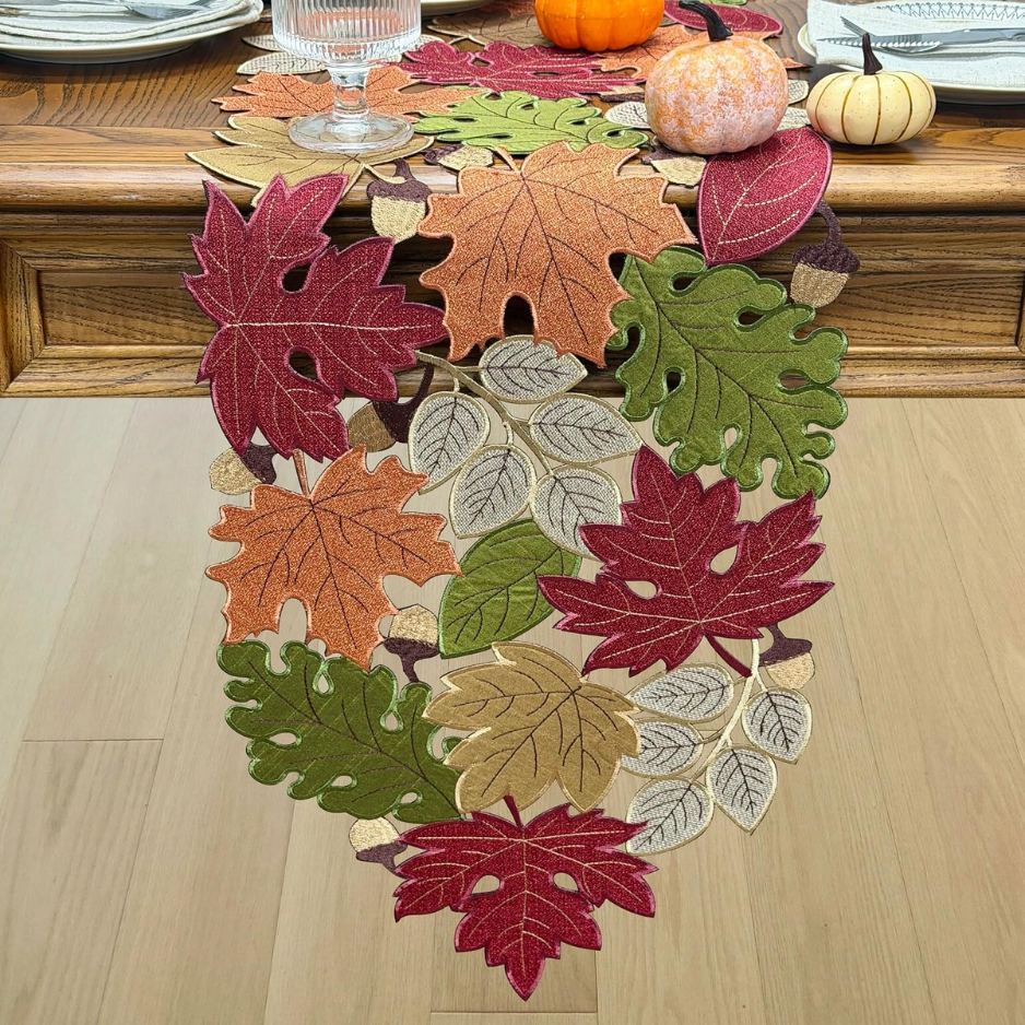 Fall Table Runner 72inches Long, Harvest Embroidered Thanksgiving