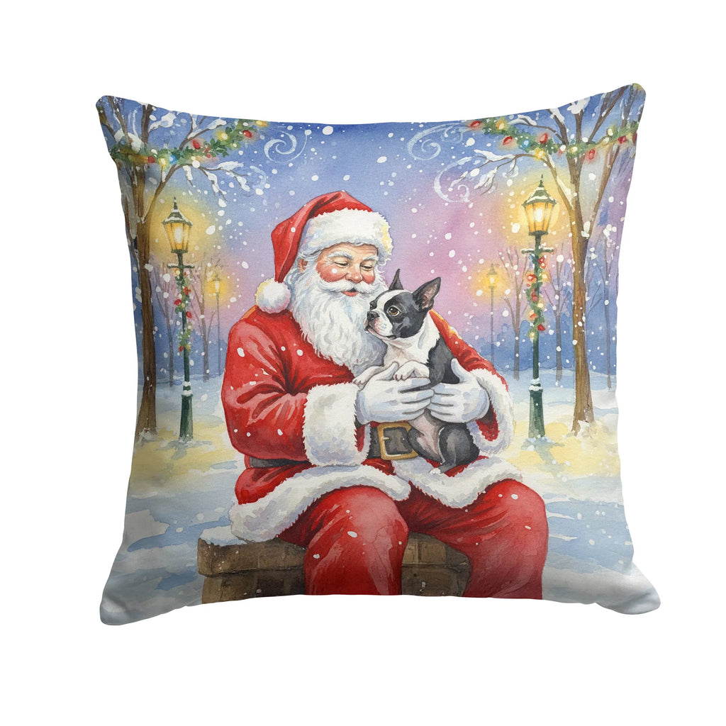 Boston Terrier With Santa Claus Throw Pillow Decorative Indoor Outdoor