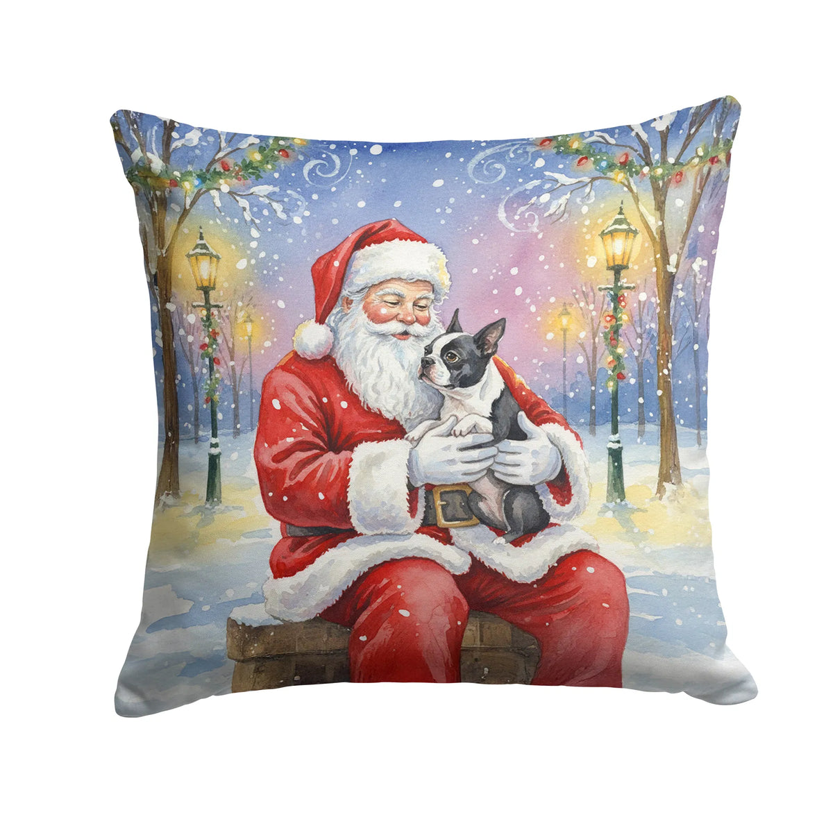 Boston Terrier With Santa Claus Throw Pillow Decorative Indoor Outdoor