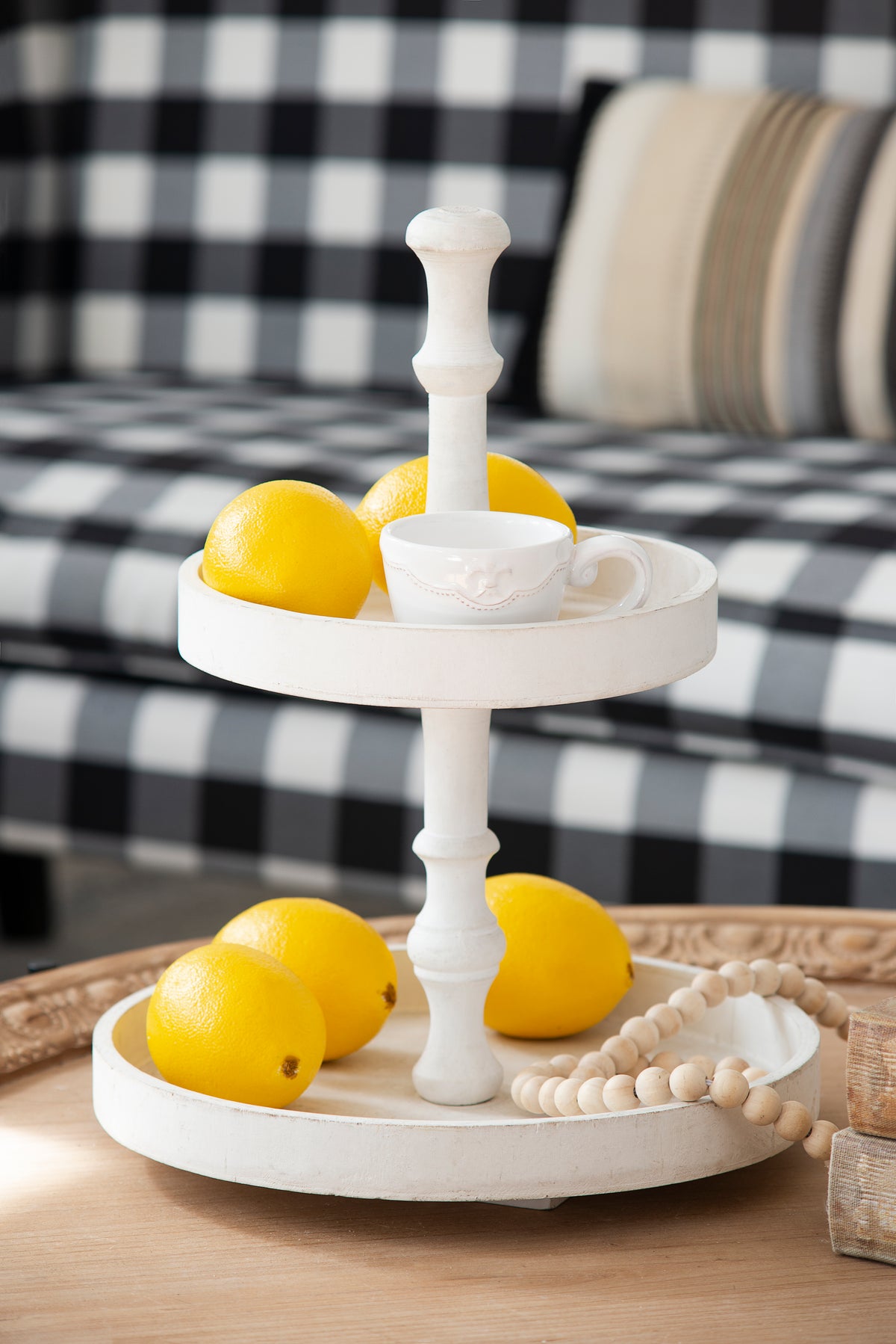 D11.8x15.4 Two- Tiered Round Wooden Tray White