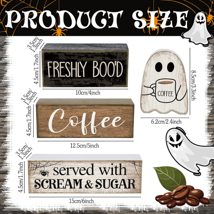 4 Pcs Halloween Wooden Ghost Coffee Table Decor, Cute Coffee Bar Signs
