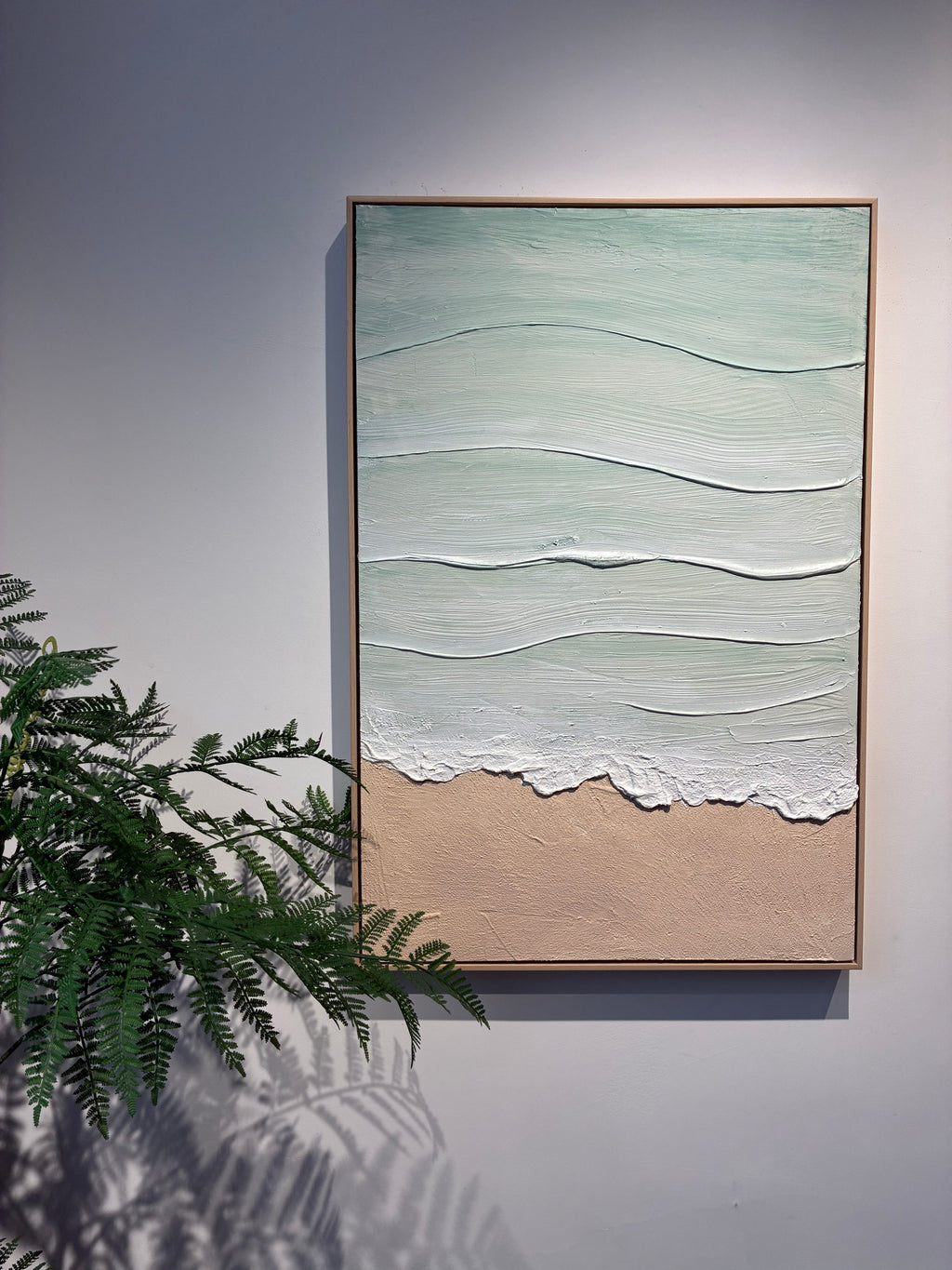 24x36 Framed Coastal Beach Wall Art, Aqua Blue & Beige Textured Canvas