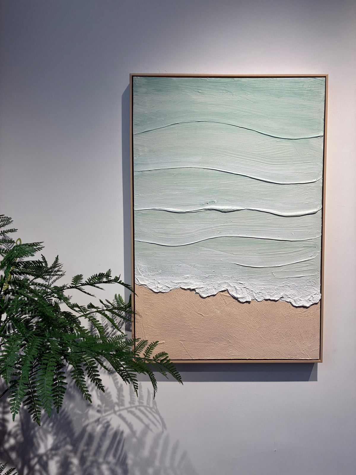 24x36 Framed Coastal Beach Wall Art, Aqua Blue & Beige Textured Canvas