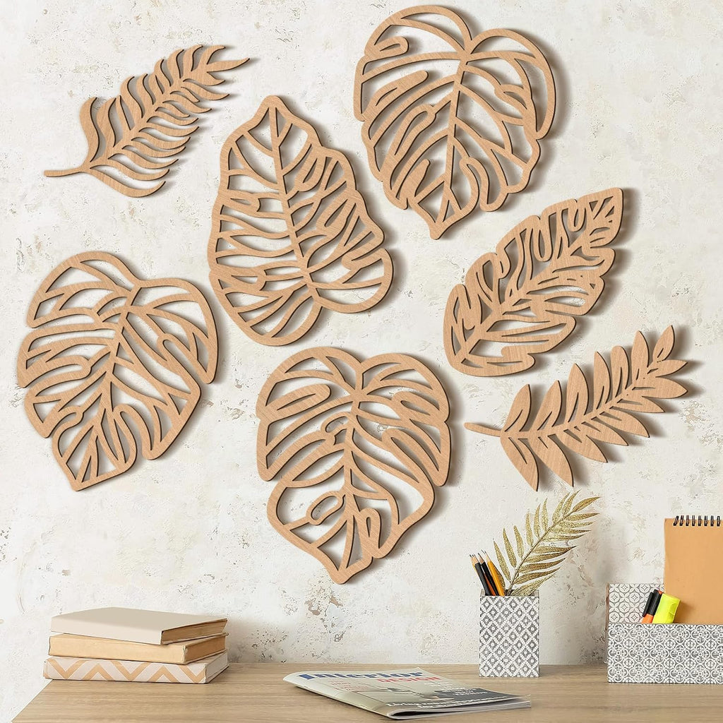 Tropical Wall Decor 7 Units, Wooden Palm Leaf And Monstera Jungle Art