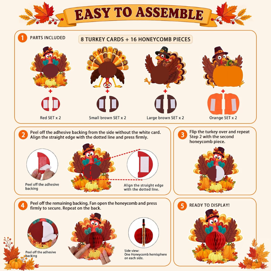 8 PCS Thanksgiving Party Decorations Hanging Paper Turkey Honeycomb
