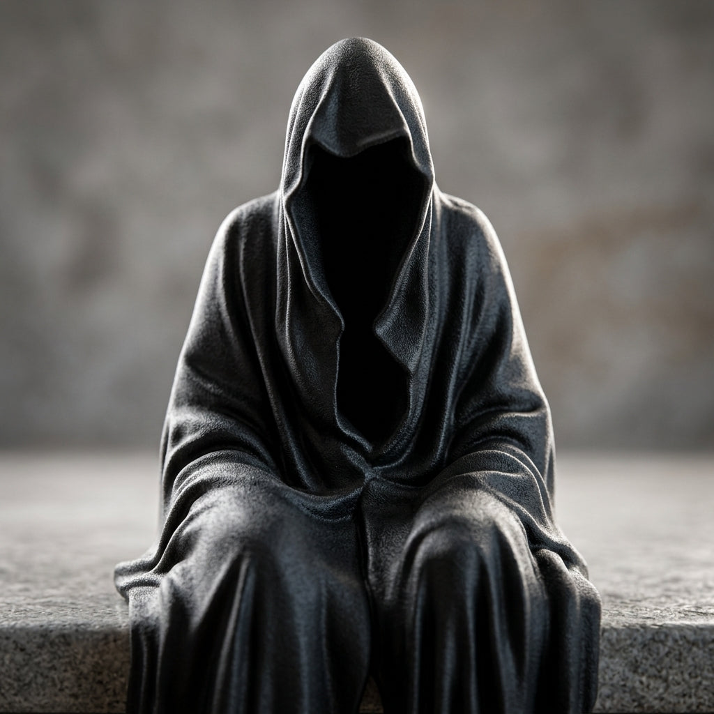 Black Hooded Shelf Sitter Figurine, Gothic Desktop Decor, Faceless