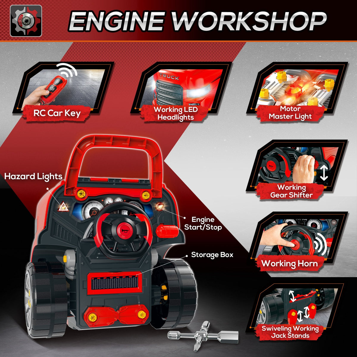 Mechanic Kids Truck Engine Toy Set, Car Service Play Set, Pink