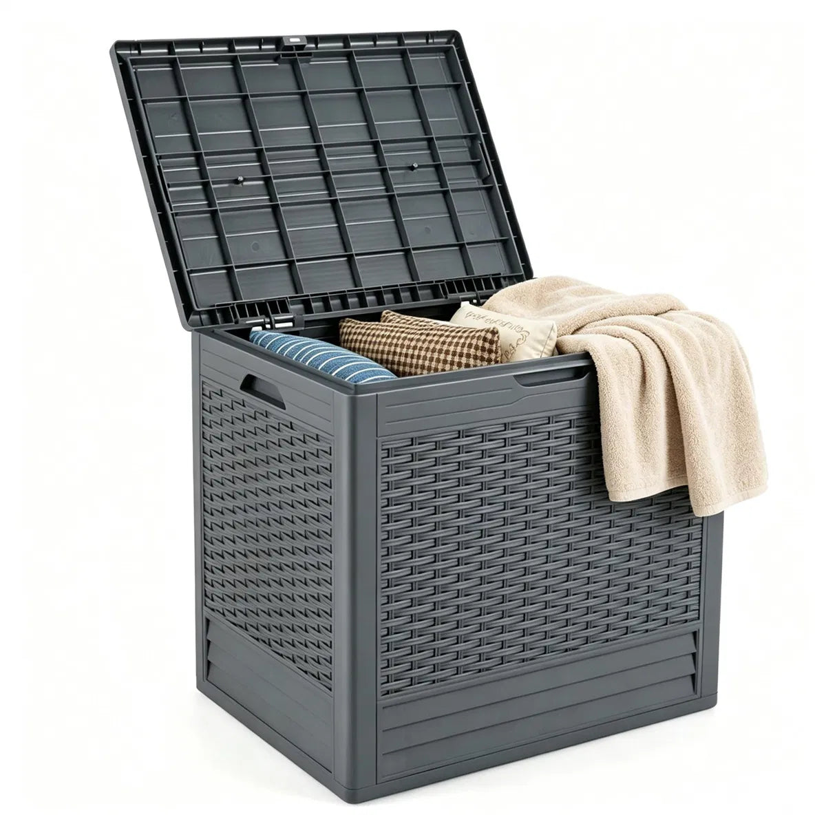 25 Gallon Outdoor Deck Box, Weatherproof PP Storage Chest With Rattan