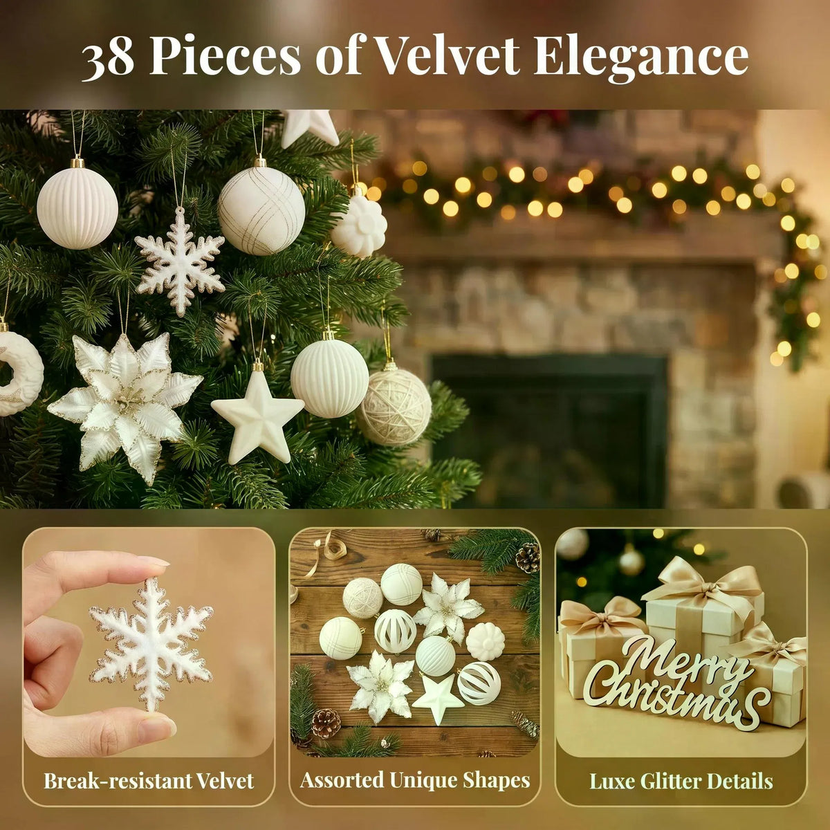 38-Piece Velvet Ornament Set with Poinsettias and Stars