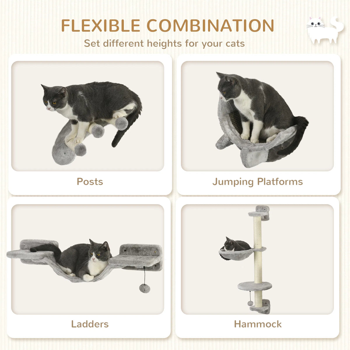 4Pcs Cat Wall Shelf With Scratching Post, Cat Wall Shelves For Relaxing