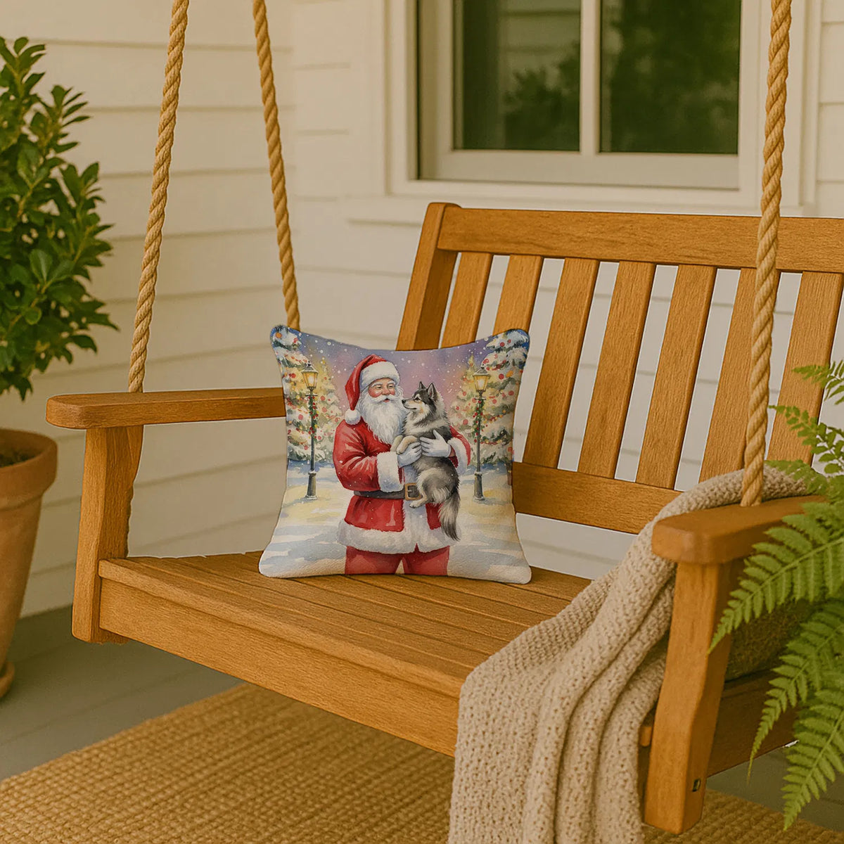 Keeshond With Santa Claus Throw Pillow Decorative Indoor Outdoor Accent