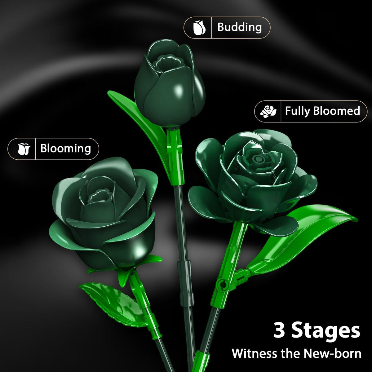 16 Green Roses Botanical Building Blocks, Artificial Flower Birthday