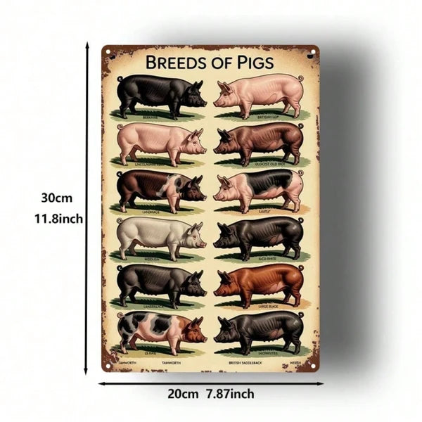 Vintage Pig Breeds Metal Sign 8x12 Inch Retro Distressed Wall Art 2D