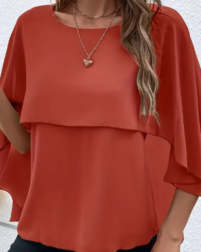 Solid Layered Cloak Sleeve Blouse, Versatile Crew Neck Blouse