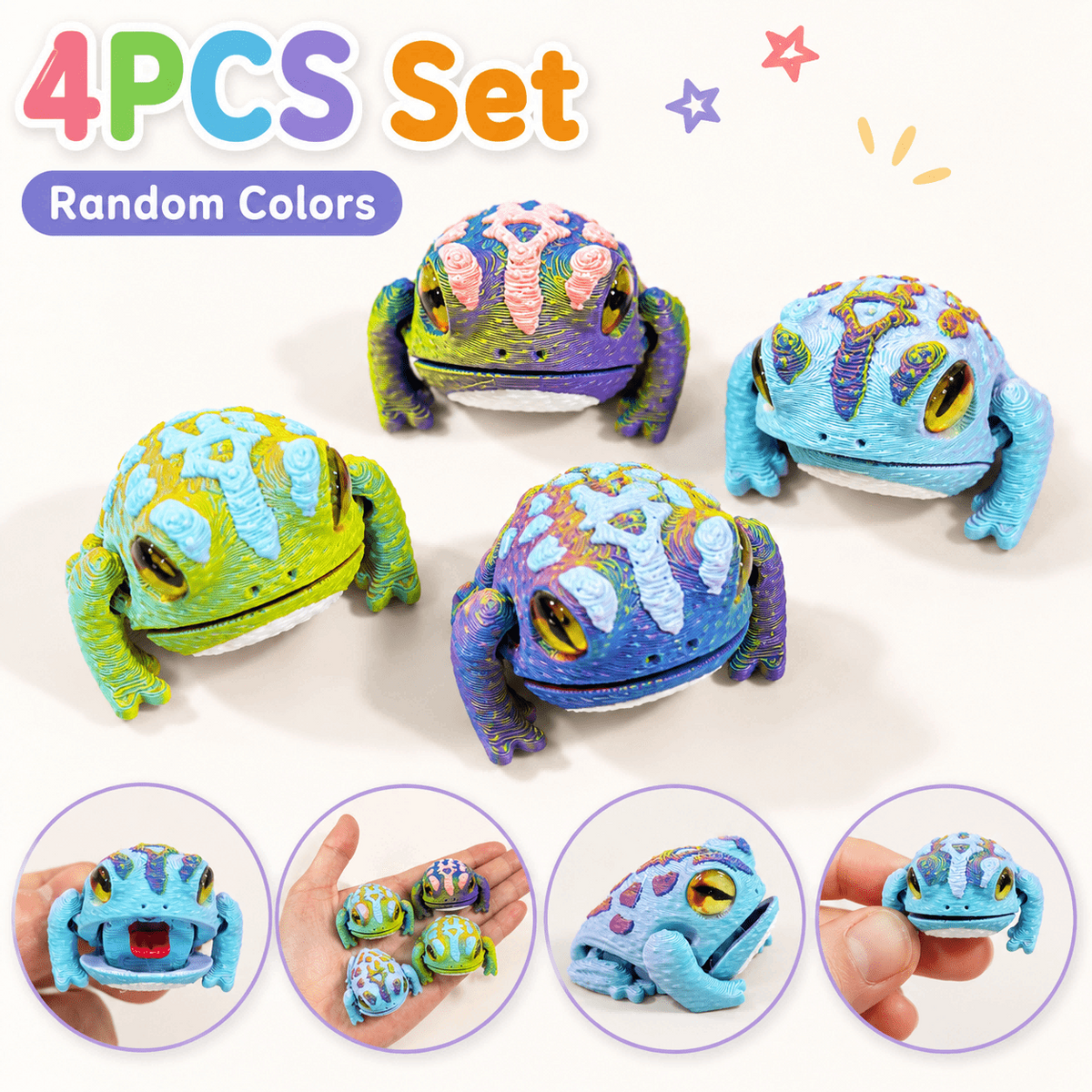 4PCS 3D Printed Mini Frog Figurine Set, Random Color Cute Frog