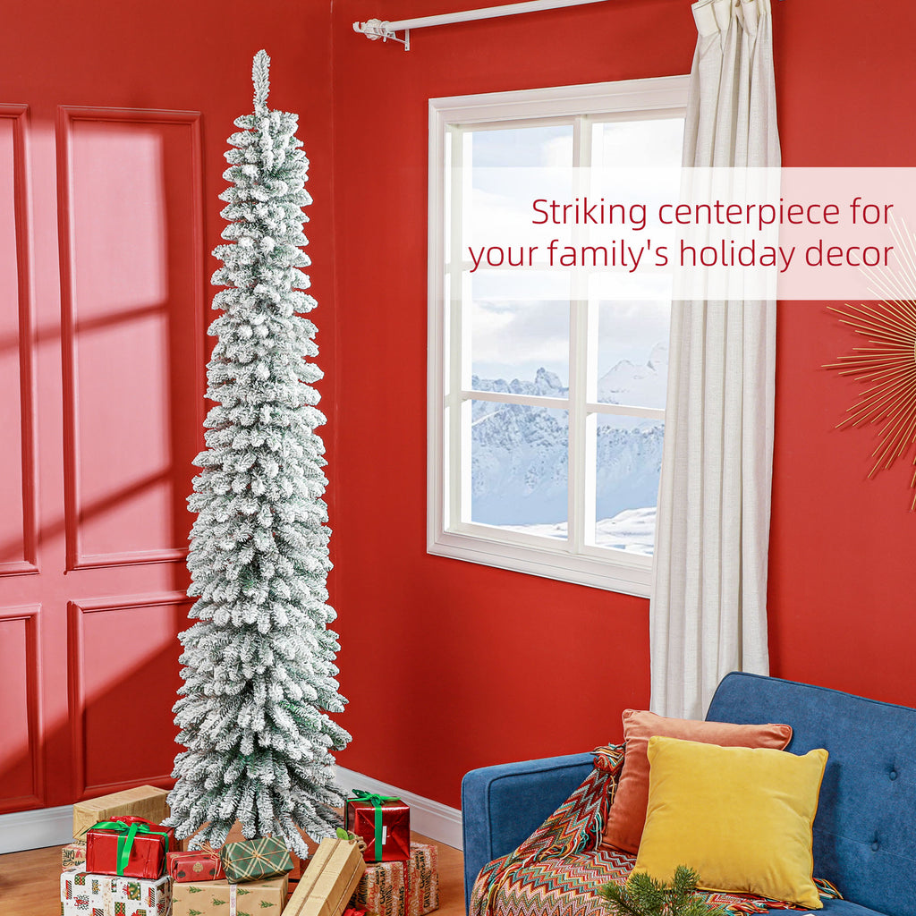 8' Tall Unlit Slim Pencil Xmas Tree, Snow Flocked Artificial Christmas