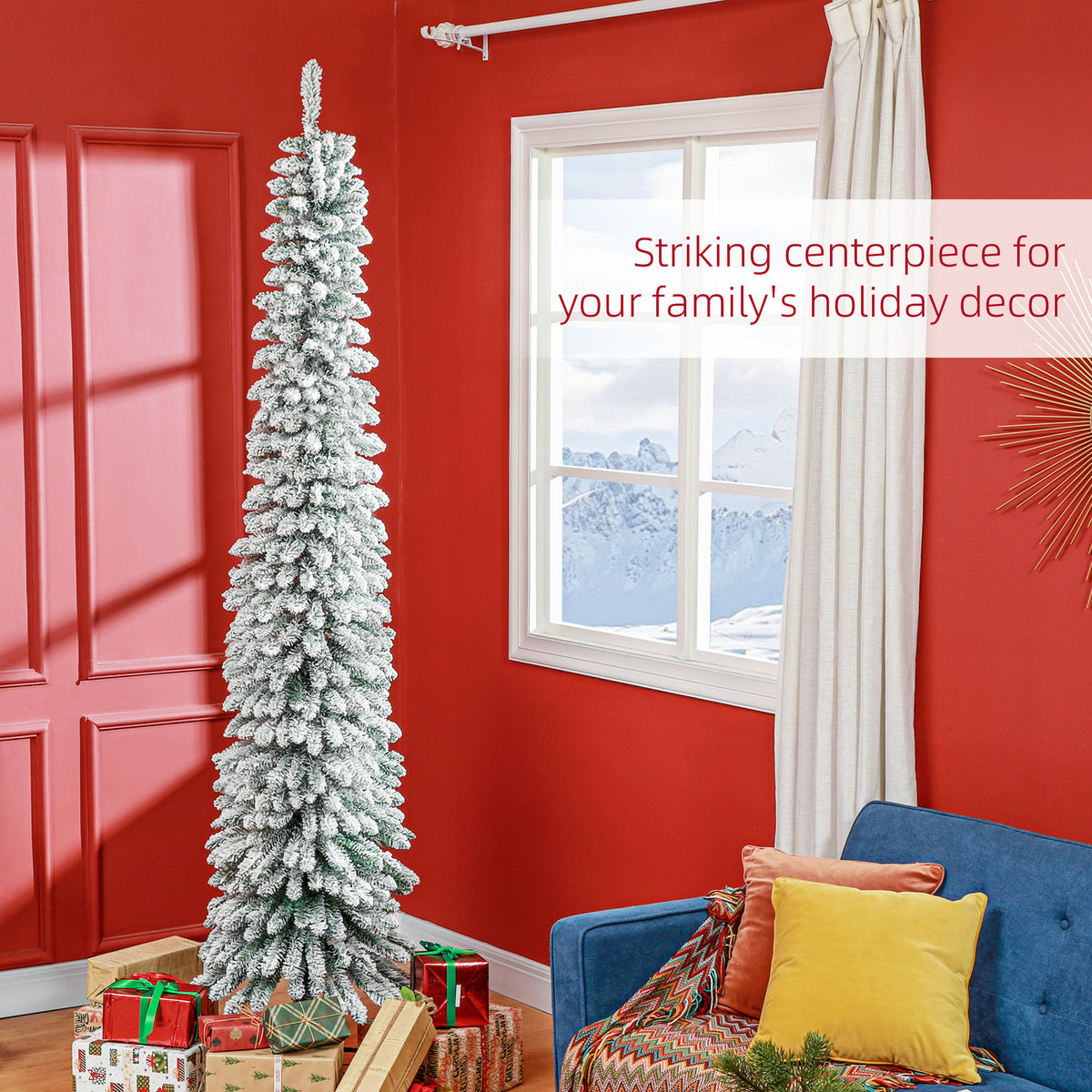8' Tall Unlit Slim Pencil Xmas Tree, Snow Flocked Artificial Christmas