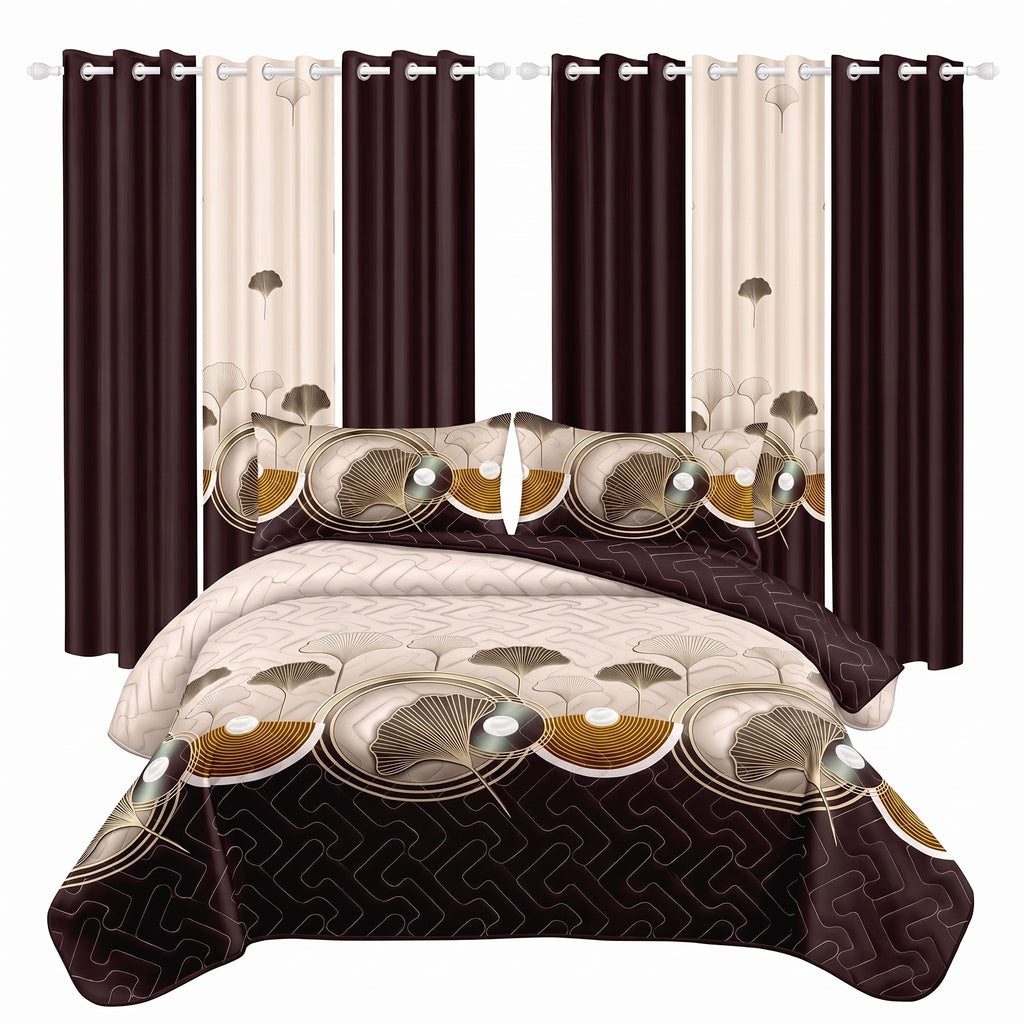 9-Piece Brown And Black Lotus Bedspread And Curtain Set, Reversible