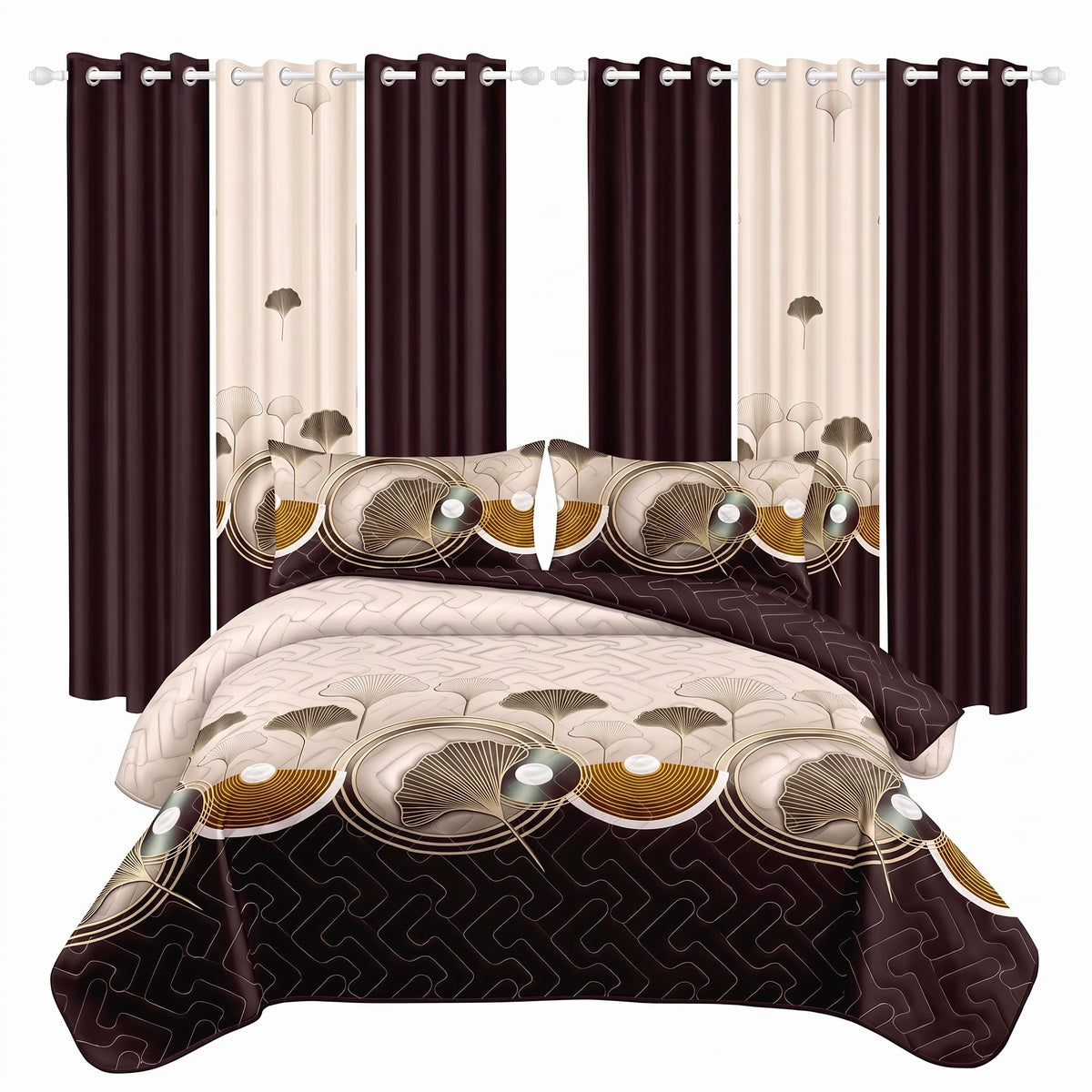 9-Piece Brown And Black Lotus Bedspread And Curtain Set, Reversible