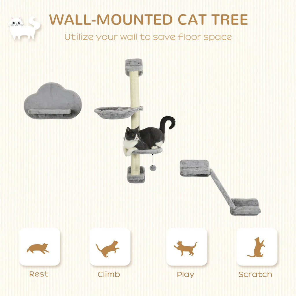 3PCs Cat Shelves With Hammock, Scratching Posts, Platforms, Grey