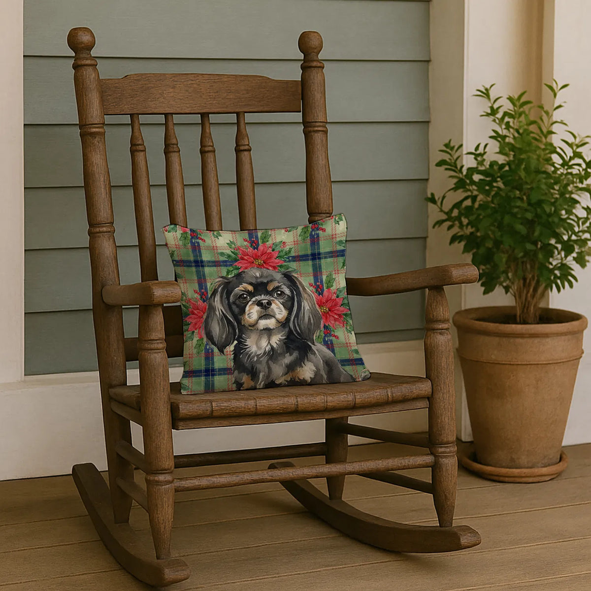 Black And Tan Tibetan Spaniel Christmas Poinsettias Throw Pillow