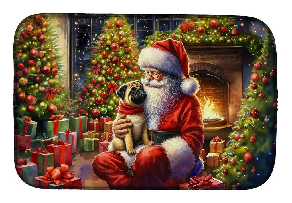 Fawn Pug And Santa Claus Dish Drying Mat Absorbent Dish Drying Mat Pad
