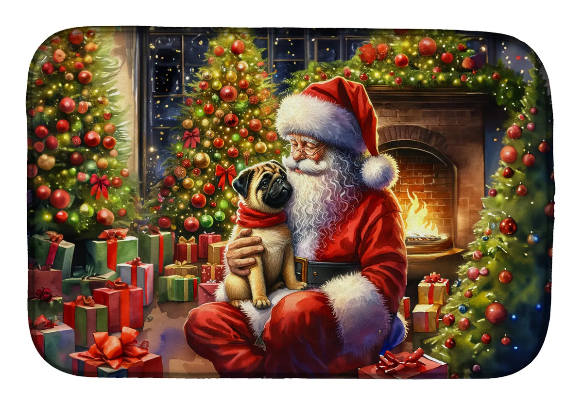 Fawn Pug And Santa Claus Dish Drying Mat Absorbent Dish Drying Mat Pad