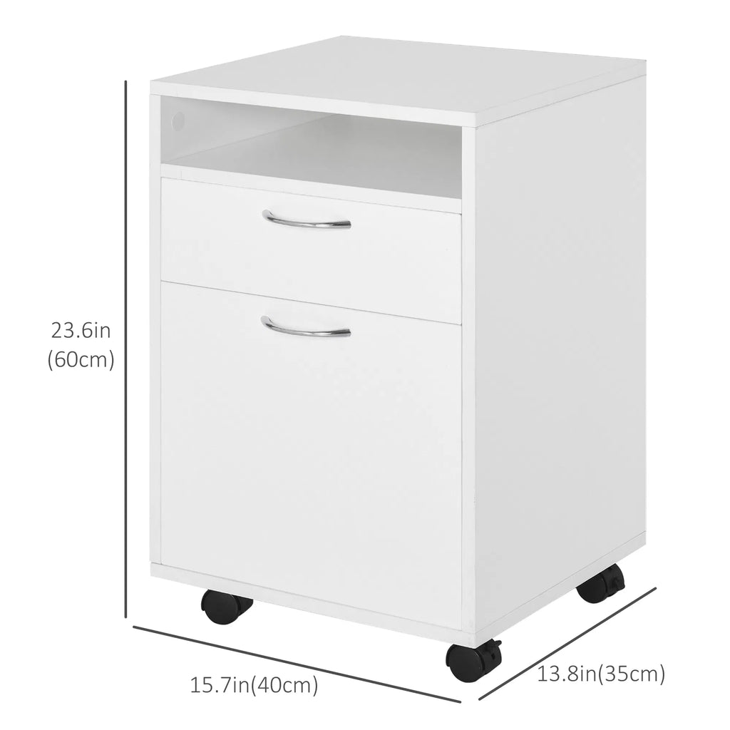 24" Small Filing Cabinet With Open Compartment, Drawer And Wheels, Home