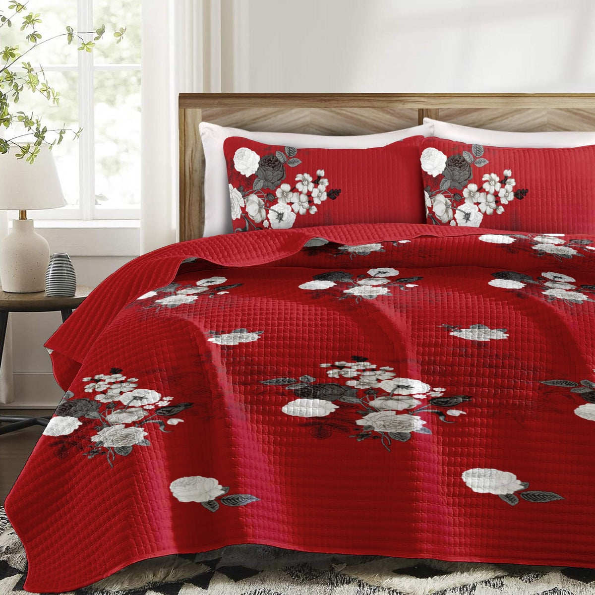 9-Piece Red Floral Quilt And Curtain Set, Reversible Microfiber