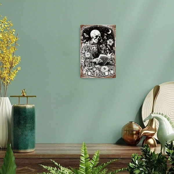 Vintage Retro Skeleton Reading Books Metal Tin Sign, Funny Floral Moon