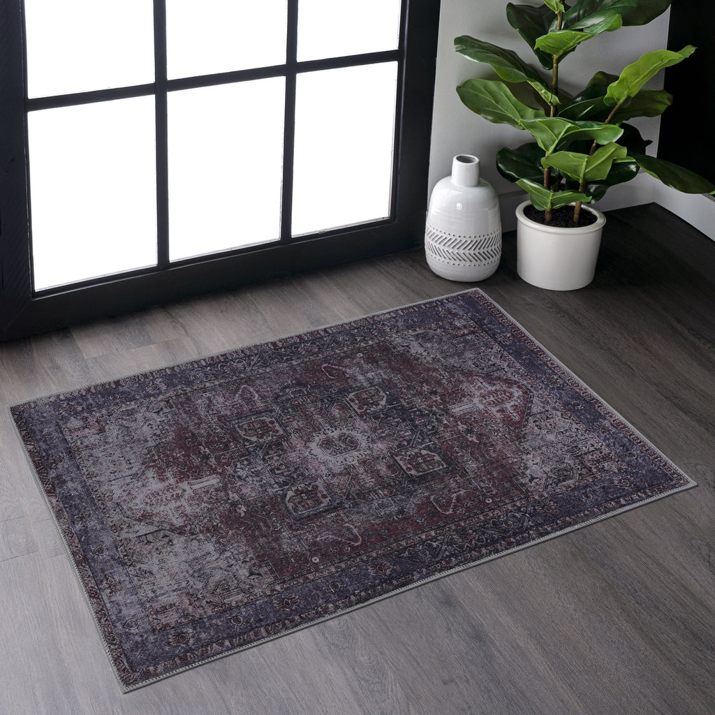 Maval Burgundy Washable Rug 2' X 3' Doormat Rug Burgundy, 2' X 3'