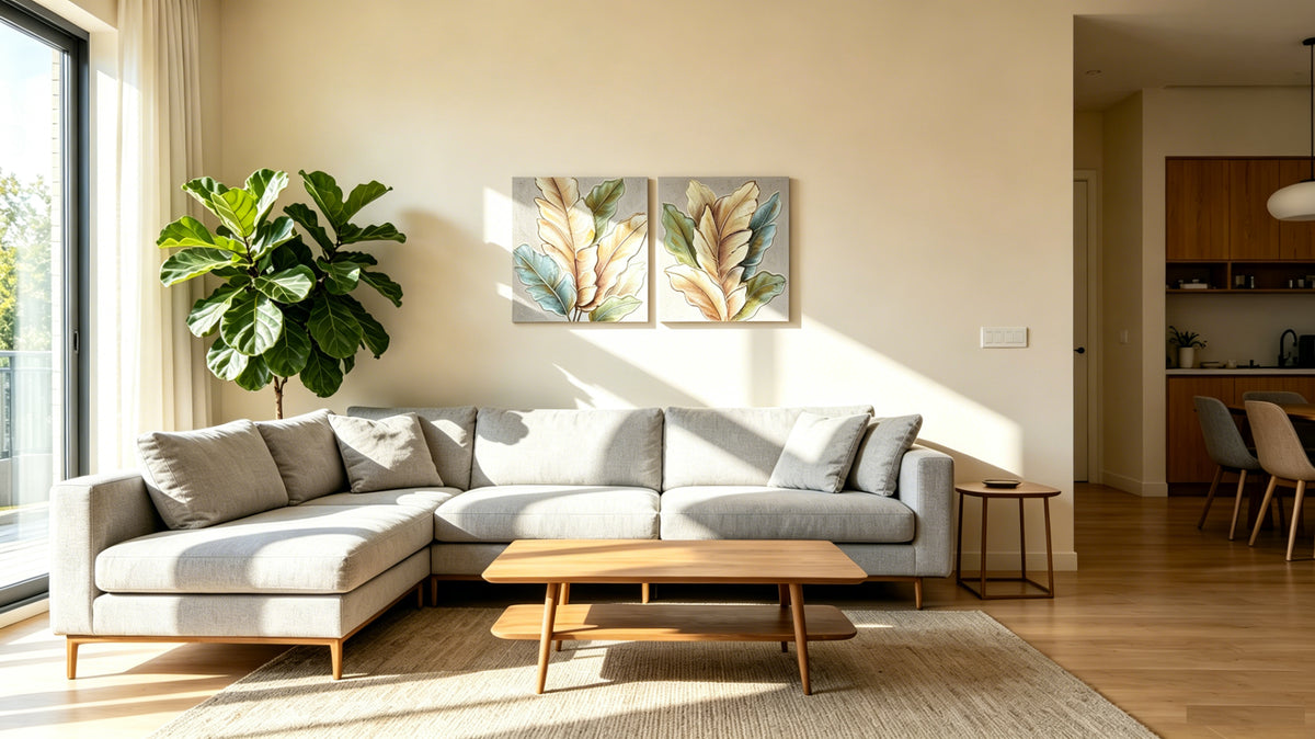 24x24 Set Of 2 Botanical Leaf Wall Art, Neutral Antique White & Green