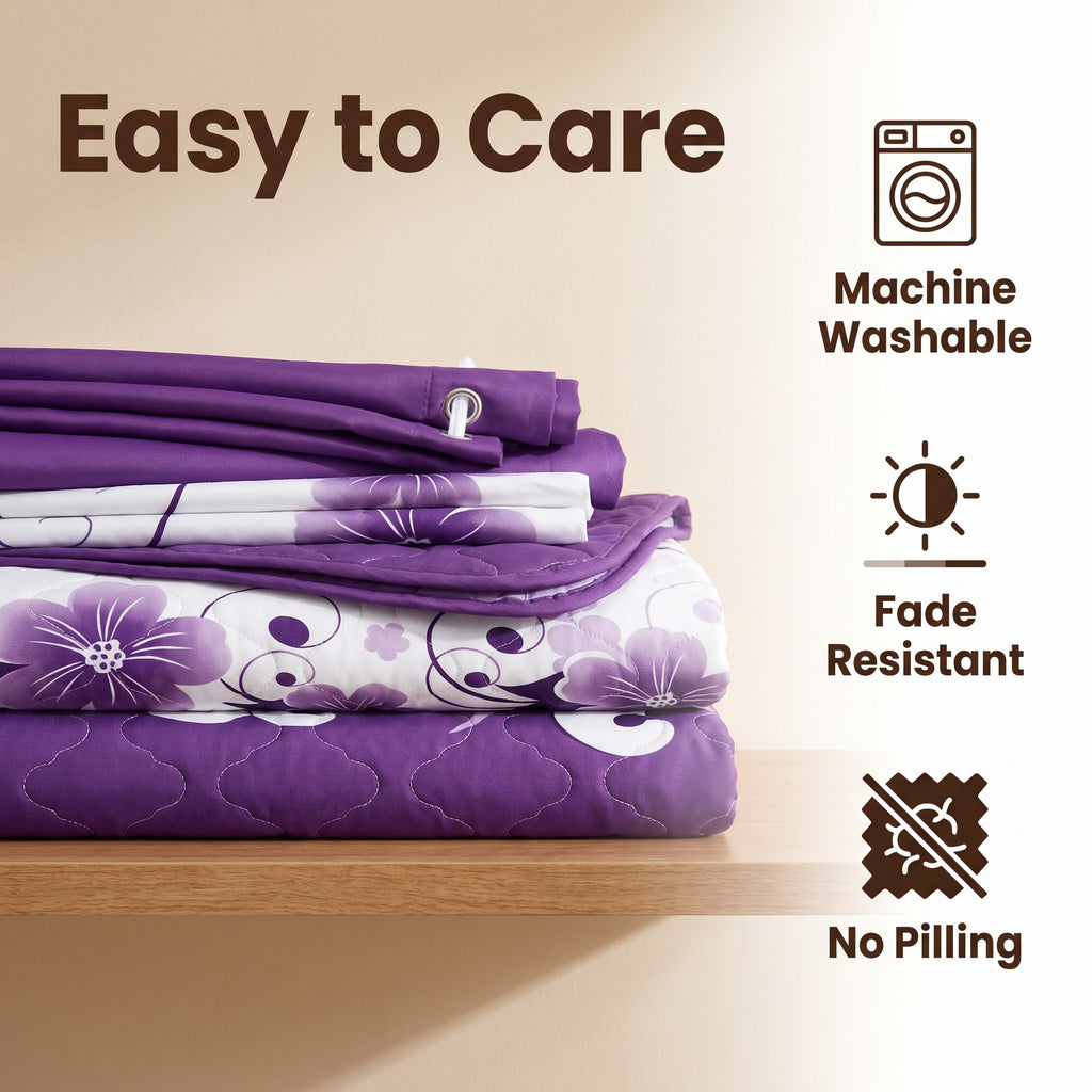 9-Piece Purple And White Gardenia Bedspread And Curtain Set, Reversible