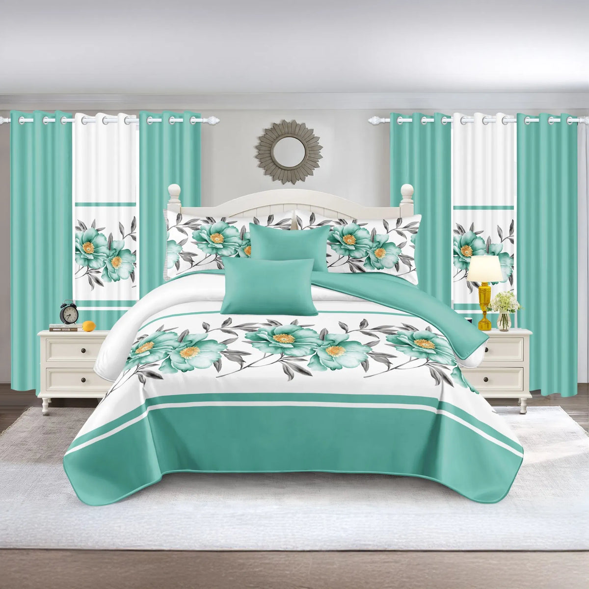 Quilted Bedspread & Curtain Set 9 Piece, Queen Size - Bedding Ensemble
