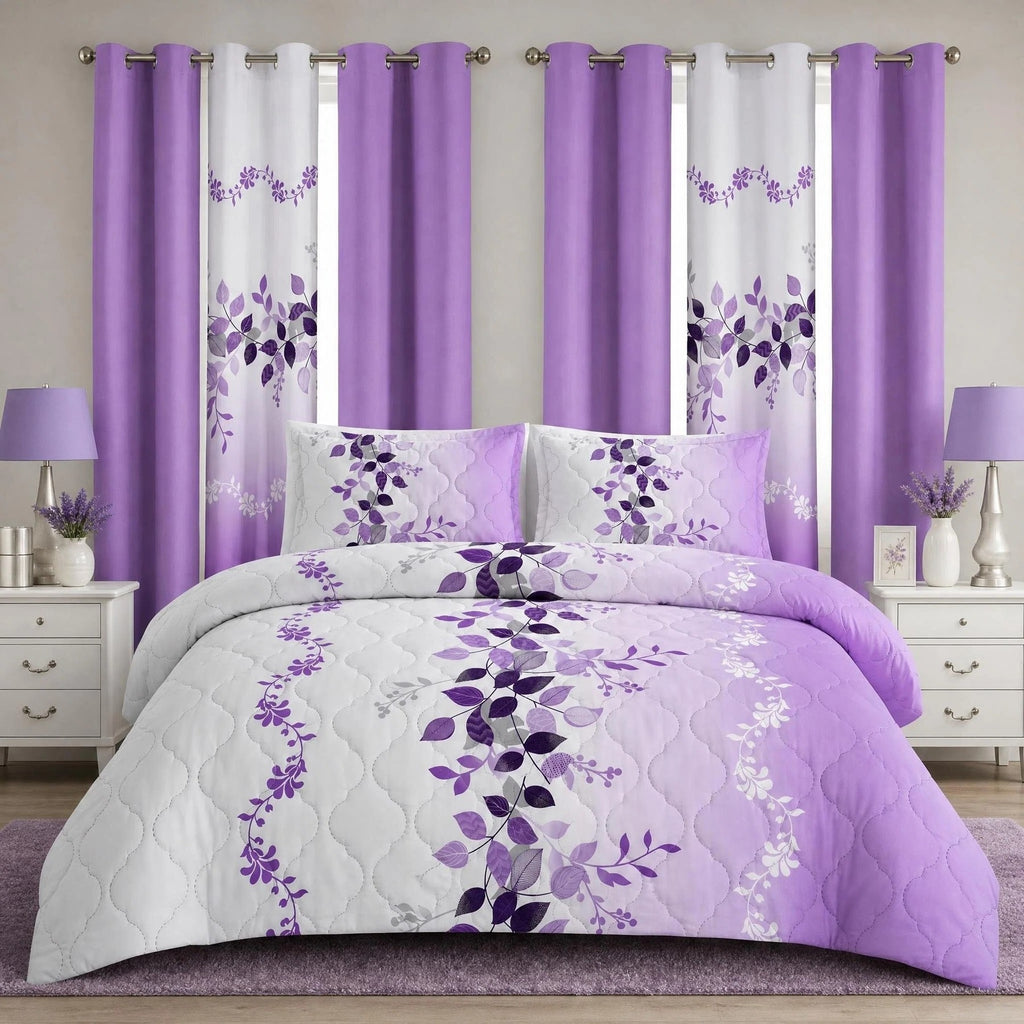 9-Piece Purple Floral Quilt And Curtain Set, Reversible Microfiber