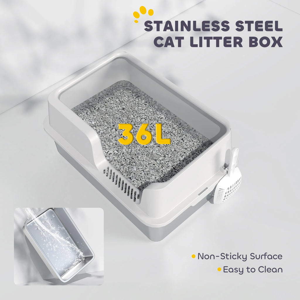 Stainless Steel Cat Litter Box With Lid With Scoop, High Sided