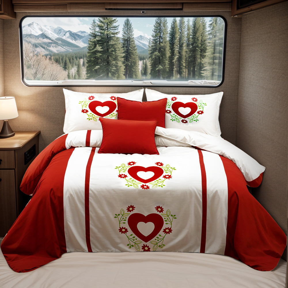 9-Piece Red Embroidered Bedspread And Curtain Set For Twin