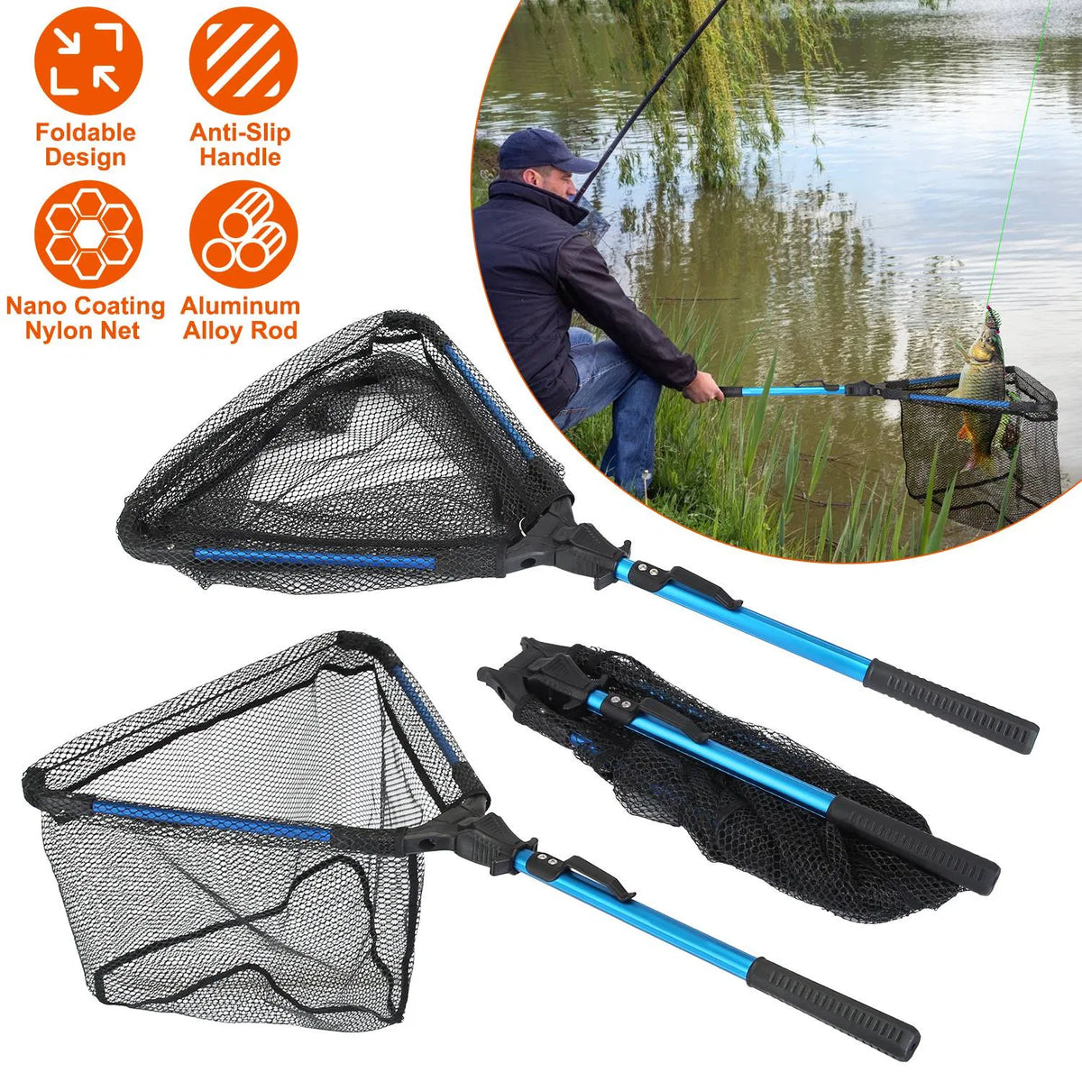 Foldable Fishing Landing Net, Aluminum Handle