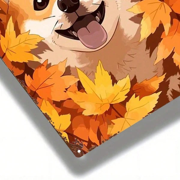 Cute Shiba Inu Metal Sign Autumn Leaves Dog Plaque Sturdy Tin Wall Art