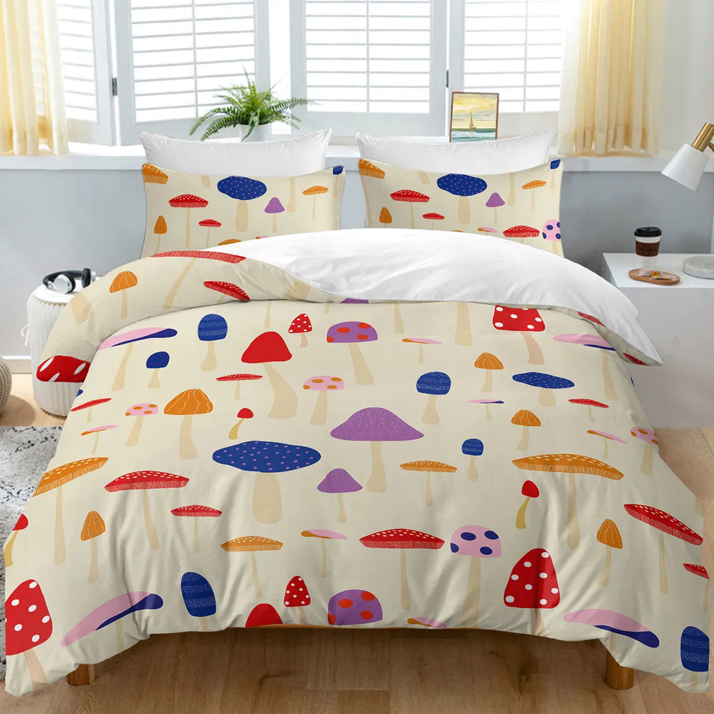 Mushroom Duvet Cover Set Full Size, 3 Pieces Colorful Cartoon Mushroom