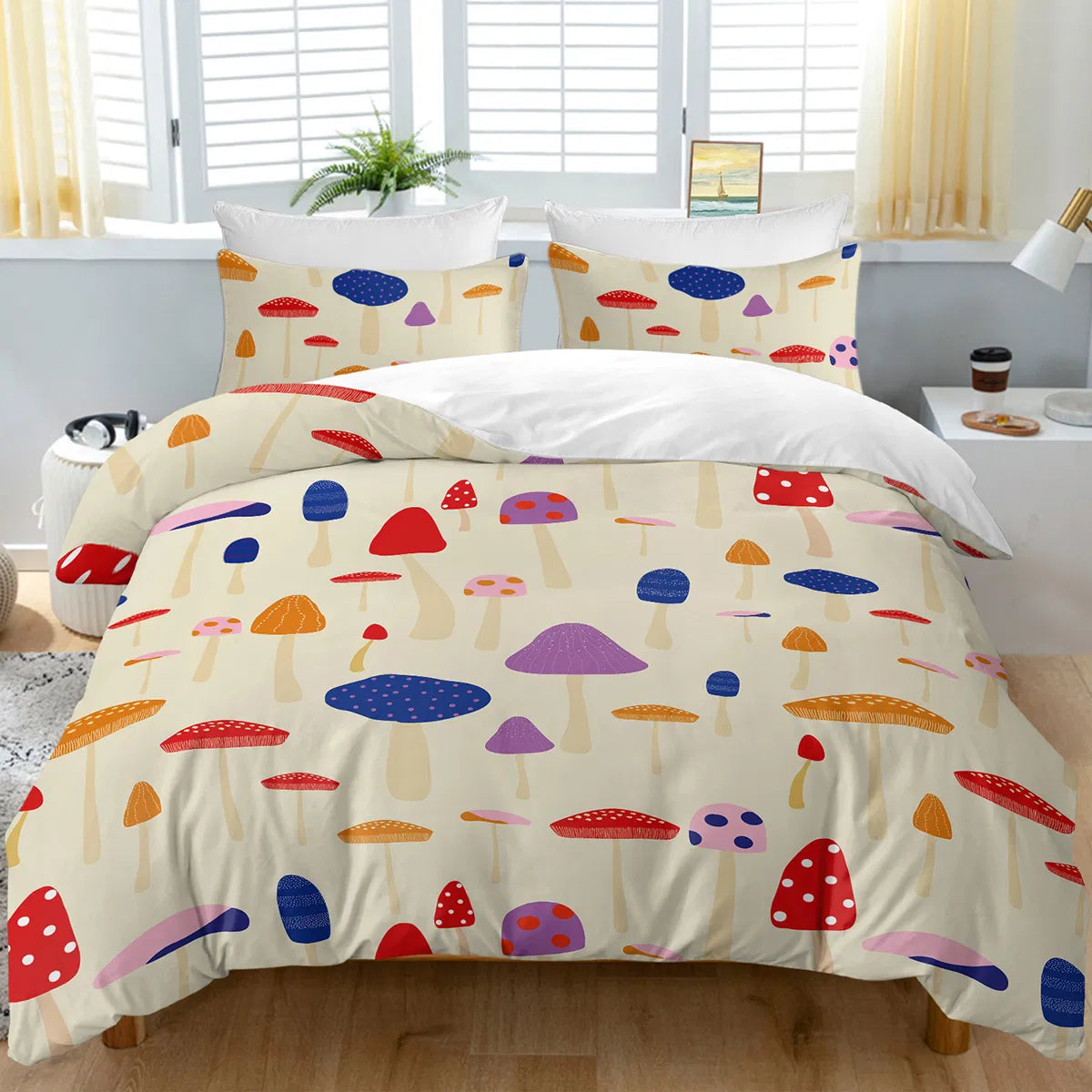 Mushroom Duvet Cover Set Full Size, 3 Pieces Colorful Cartoon Mushroom