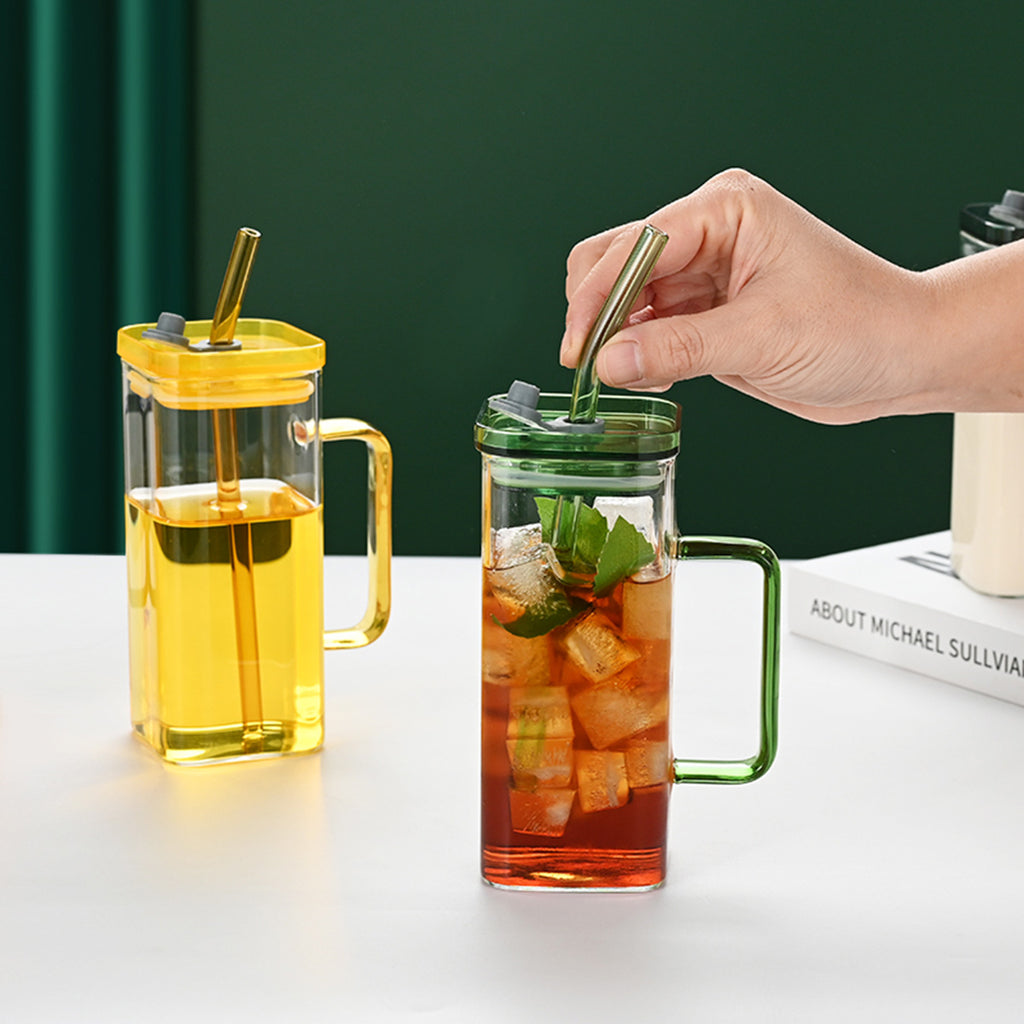 1 Pcs Transparent Glass Straw Cup, 6 Colors Square Glass Cup With Straw