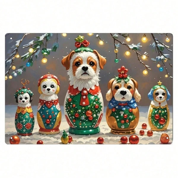Christmas Eve Puppy Russian Nesting Dolls Tin Sign, 8x12 Inch Vintage