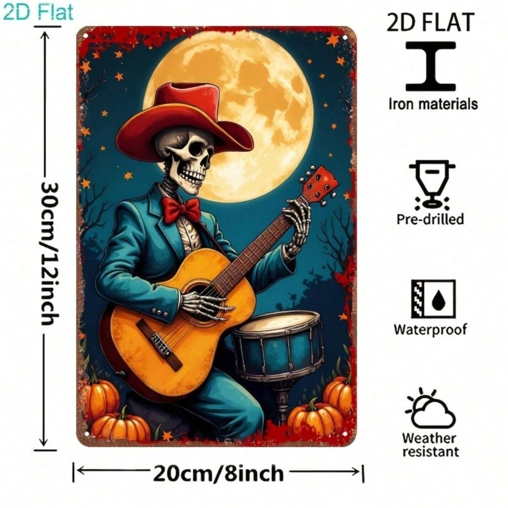 2D Flat Skeleton Cowboy Guitar Sign, Vintage Metal Day Of The Dead Wall