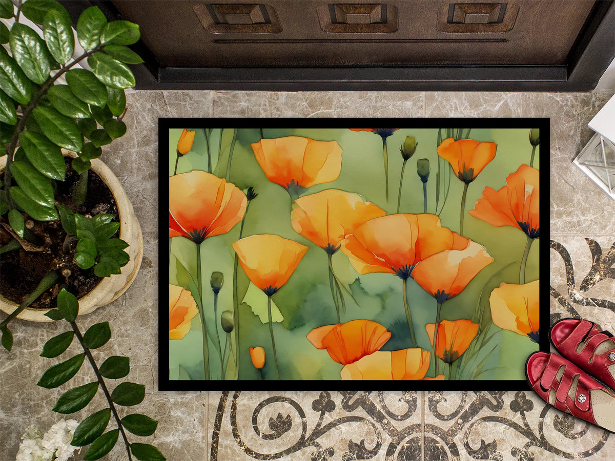 California Poppies In Watercolor Doormat Front Door Mat Indoor Outdoor