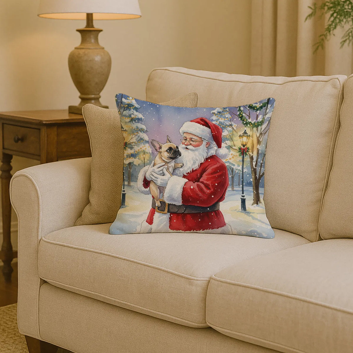 French Bulldog With Santa Claus Throw Pillow Decorative Indoor Outdoor