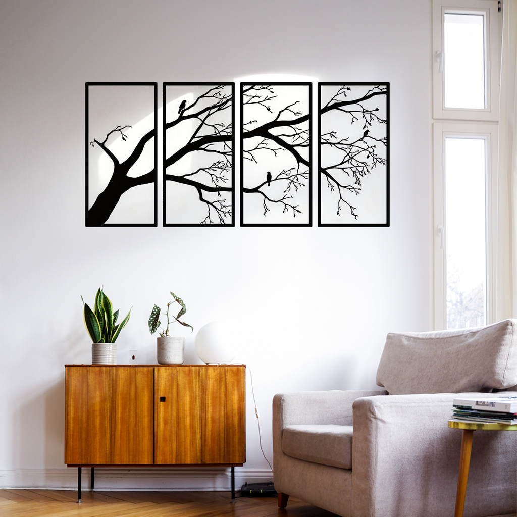 Luxury Metal Wall Art Decor Set Of 4 - Black Tree Of Life Sculpture