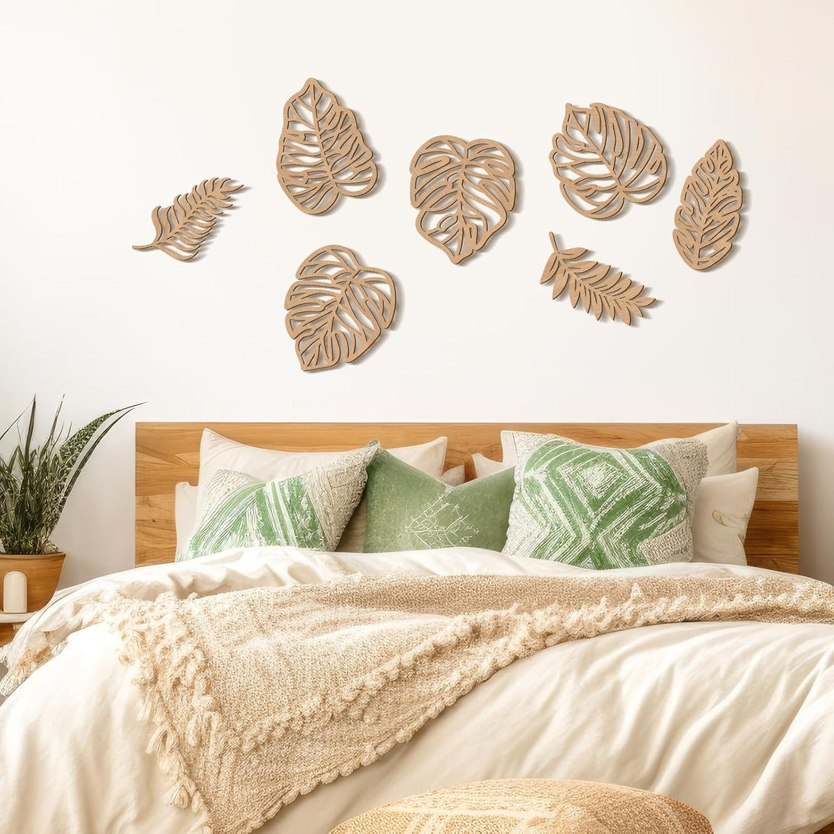 Tropical Wall Decor 7 Units, Wooden Palm Leaf And Monstera Jungle Art