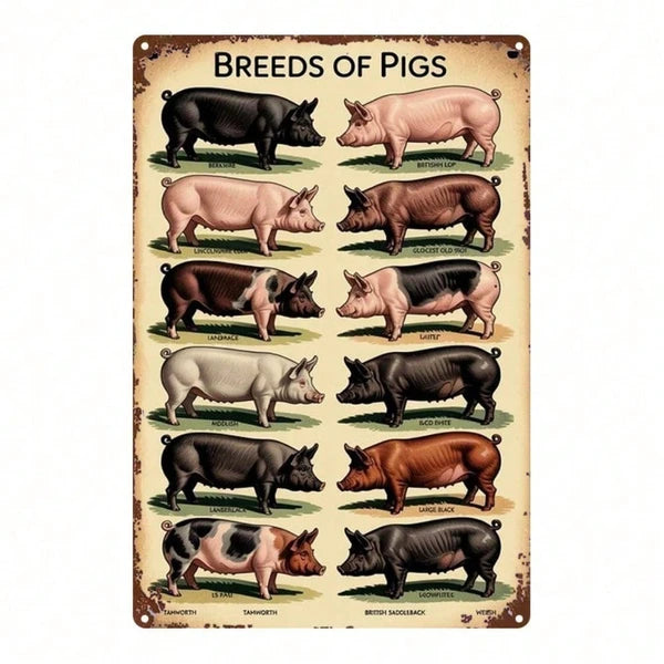 Vintage Pig Breeds Metal Sign 8x12 Inch Retro Distressed Wall Art 2D