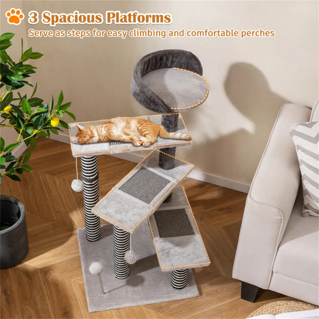 37" Tall Cat Stairs With Scratching Mats - 3-Tier Perches, Spring Ball